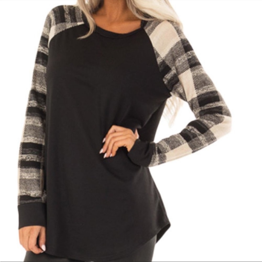 Black Shirt Black & White Plaid Sleeves